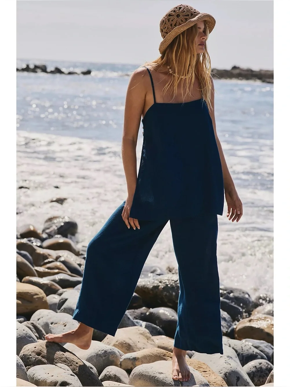 Free People Free-est Sightseer Poseidon Navy Blue Linen Tank Pant Set Large